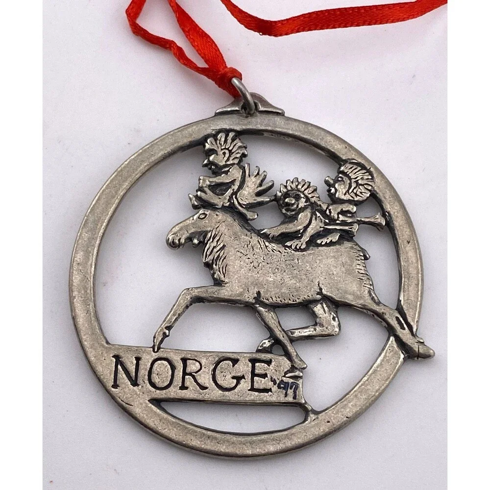 Vtg '97 Norge Havstad Signed Pewter Ornament Norway Moose Troll Christmas Holida